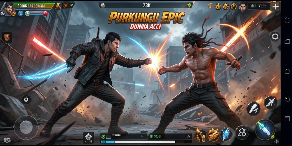 Screenshot utama dari gameplay <strong>73K</strong> yang penuh aksi dan petualangan.