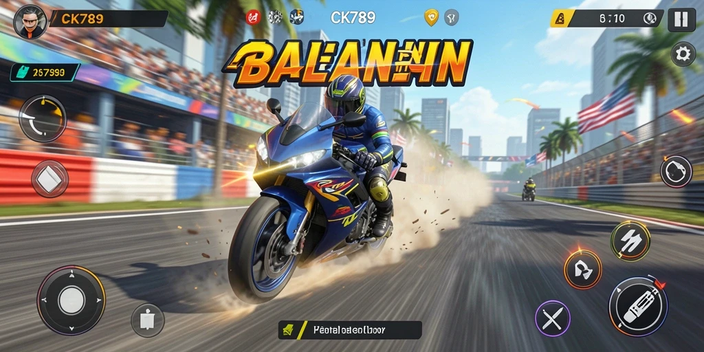 Tampilan balapan di CK789 dengan trek yang menantang dan motor yang bertenaga.