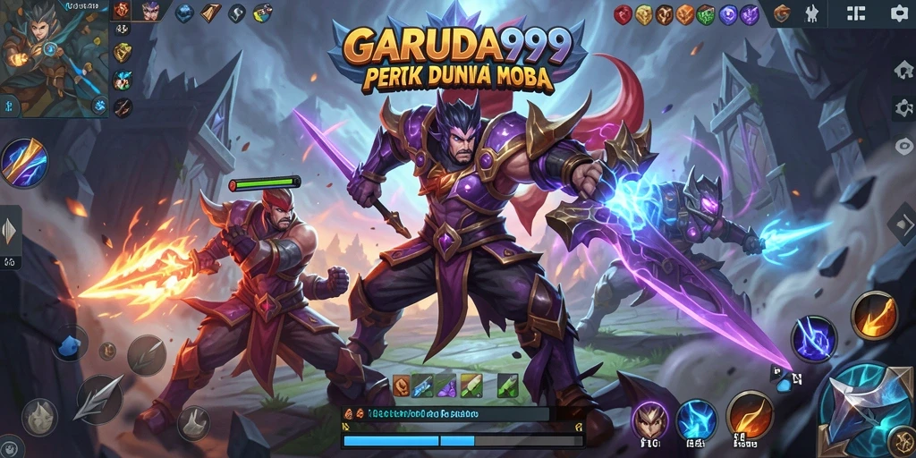 Tangkapan layar utama GARUDA999 menampilkan aksi seru dalam pertarungan tim MOBA.