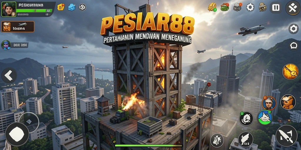 Tampilan gameplay PESIAR88 dengan pertahanan menara yang mengesankan.