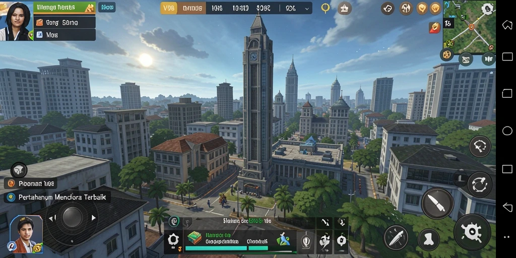 Screenshot menunjukkan gameplay V98 dengan menara dan musuh yang berinteraksi.