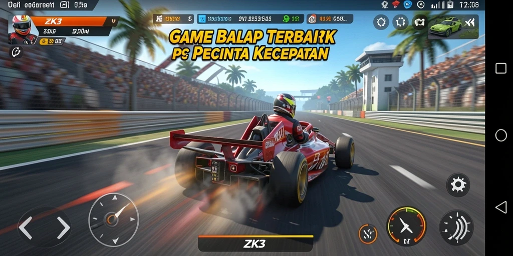 Screenshot gameplay ZK3 dengan mobil balap di trek.